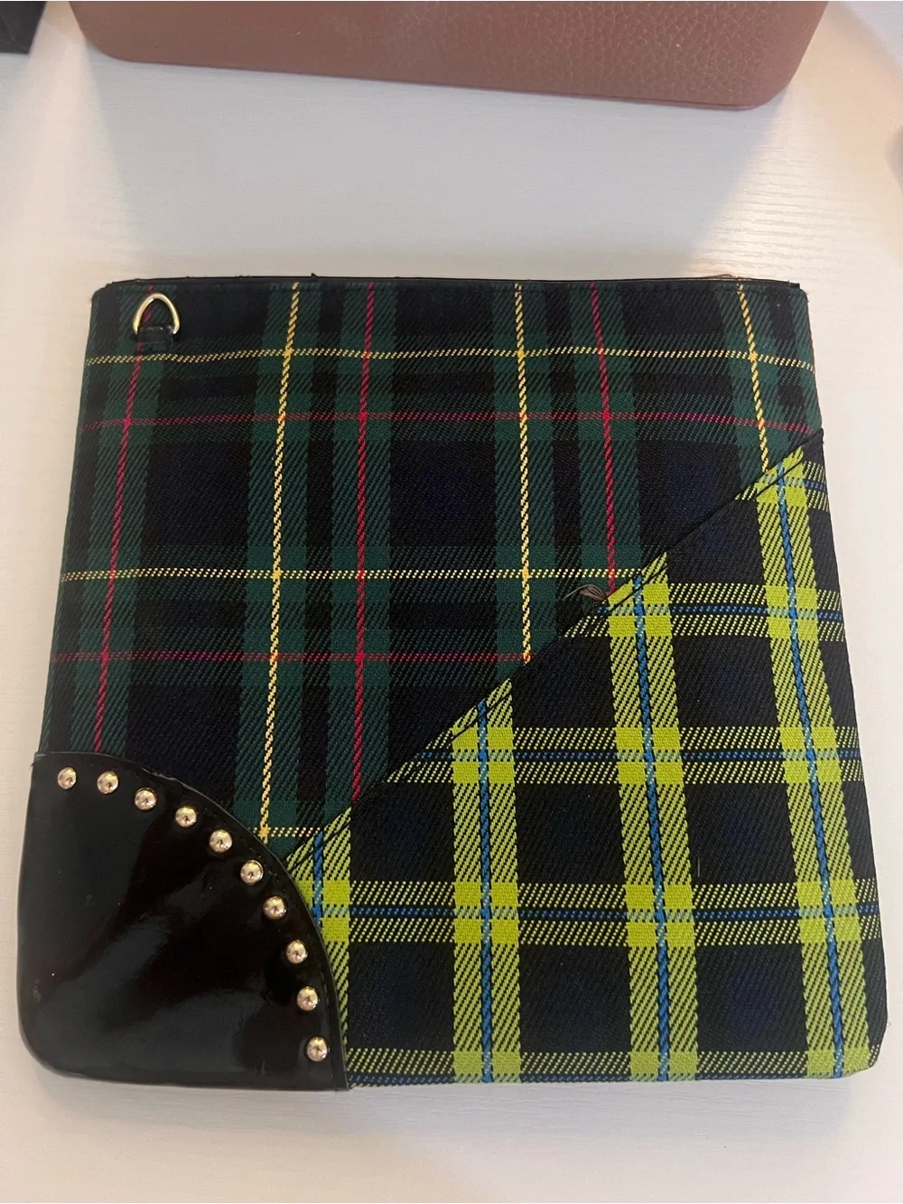 MAC Cosmetics Plaid Zip Pouch with Gold Crest and Stud Accents